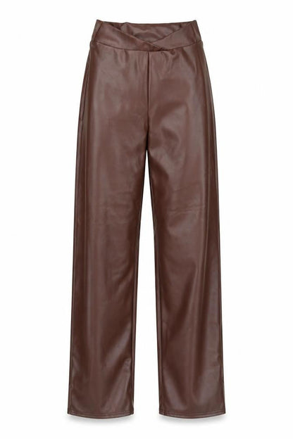 Front view of PRETTYLITTLETHING women’s brown trousers, size UK 4, 32-inch leg