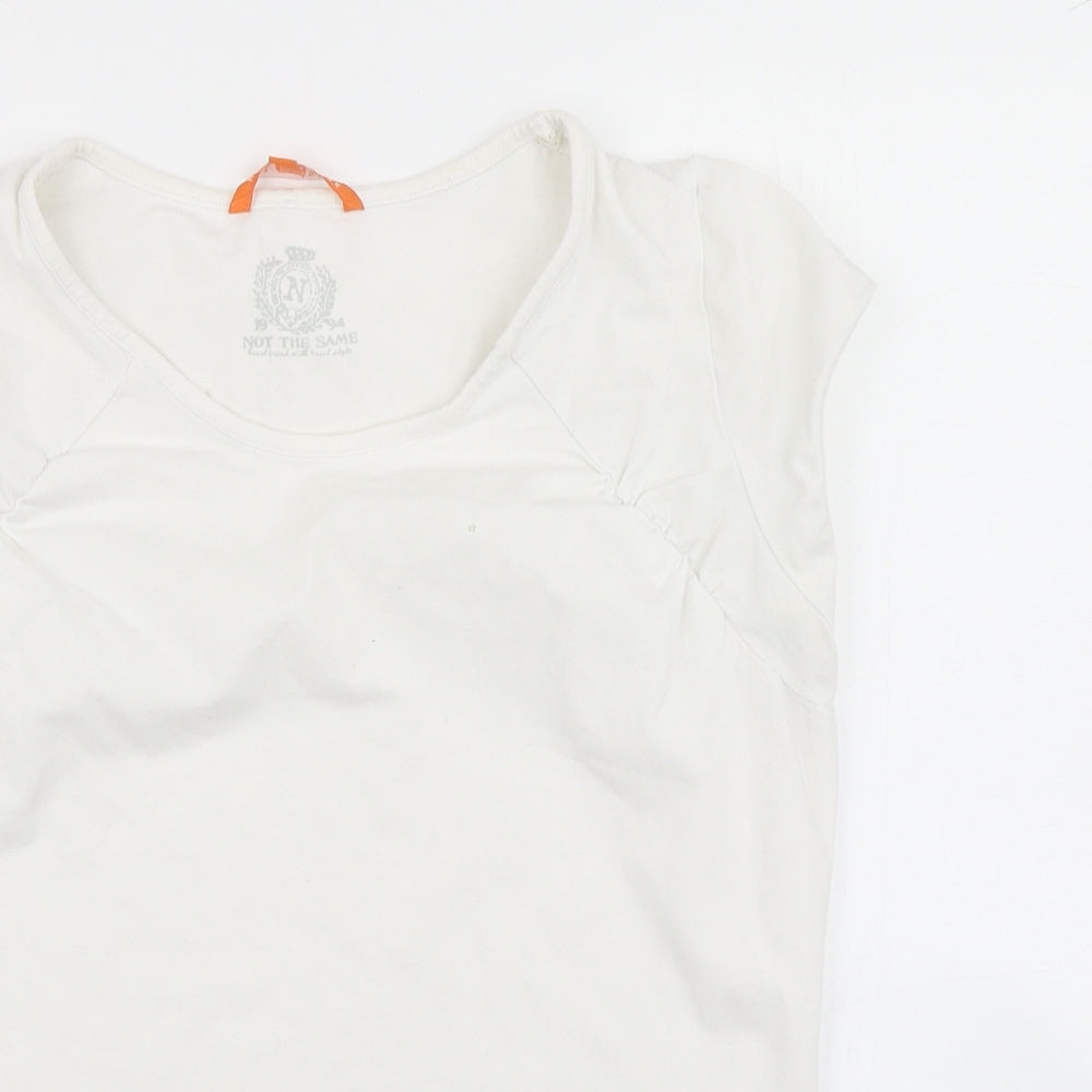 Close-up detail of Not the same women’s white basic t-shirt, size M