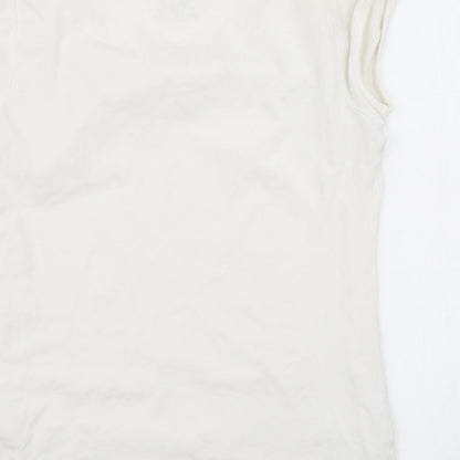 Brand and care label for Not the same women’s white basic t-shirt, size M