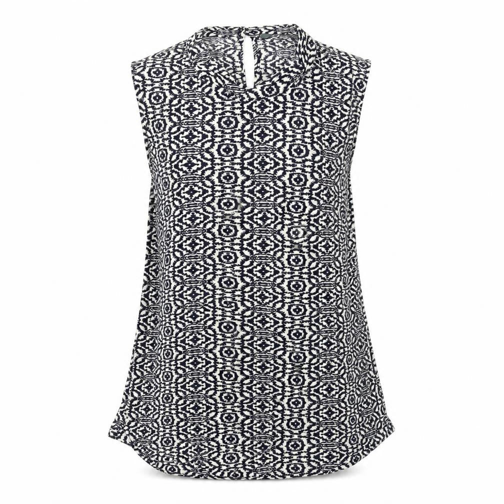 Front view of luzuz women’s black geometric basic tank, size UK 6