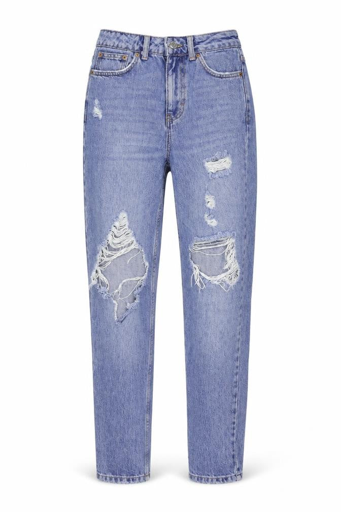 Front view of Topshop women’s blue denim mom jeans, size UK 25, in, 32-inch leg