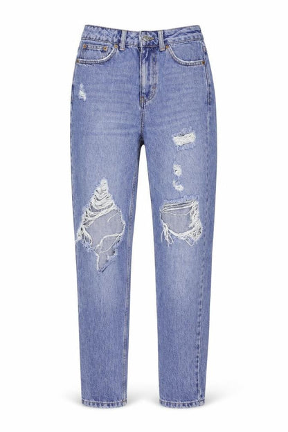 Front view of Topshop women’s blue denim mom jeans, size UK 25, in, 32-inch leg