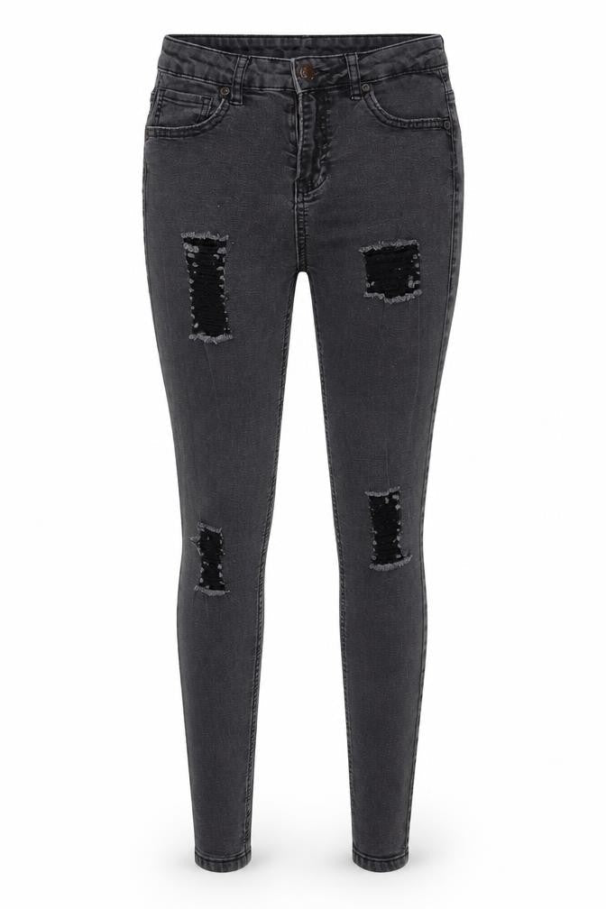 Front view of SikSilk women’s green denim skinny jeans, size UK 8, 24-inch leg