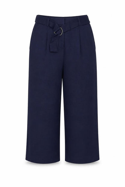 Front view of M&Co women’s blue trousers, size UK 10, 21-inch leg