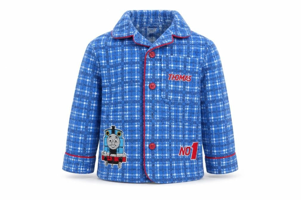Front view of thomas the tank boys’ black check babydoll pyjama top, size 18-24, months