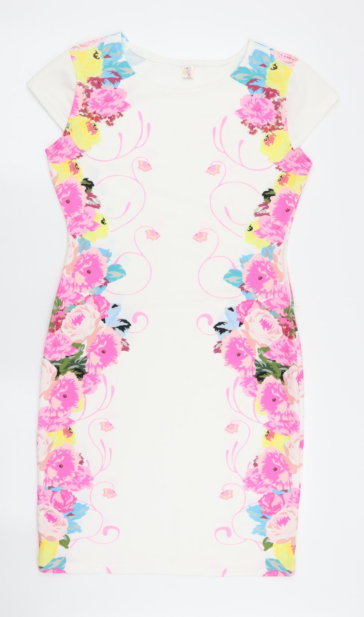 Additional front view of elfin women’s white floral a-line, size L