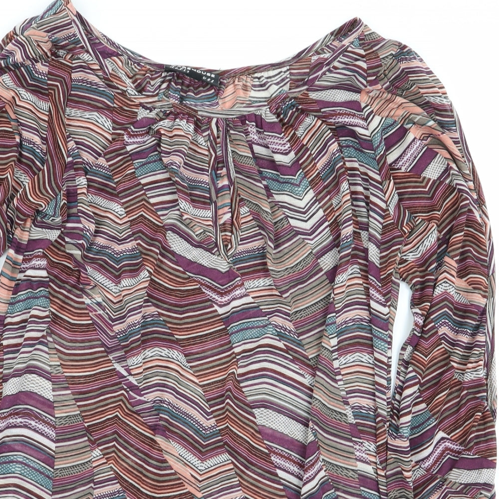 Close-up detail of warehouse definitives women’s multicoloured geometric basic t-shirt, size UK 10
