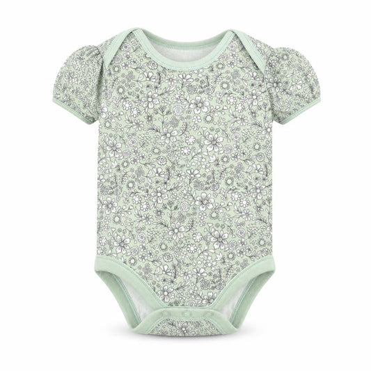 Front view of Nutmeg girls’ green floral babygrow one-piece, size 0-3, months