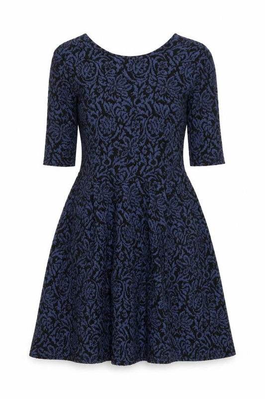 Front view of Cooperative women’s blue geometric fit & flare, size XS