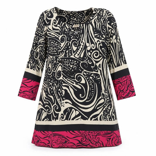 Front view of BHS women’s black geometric shift, size UK 14