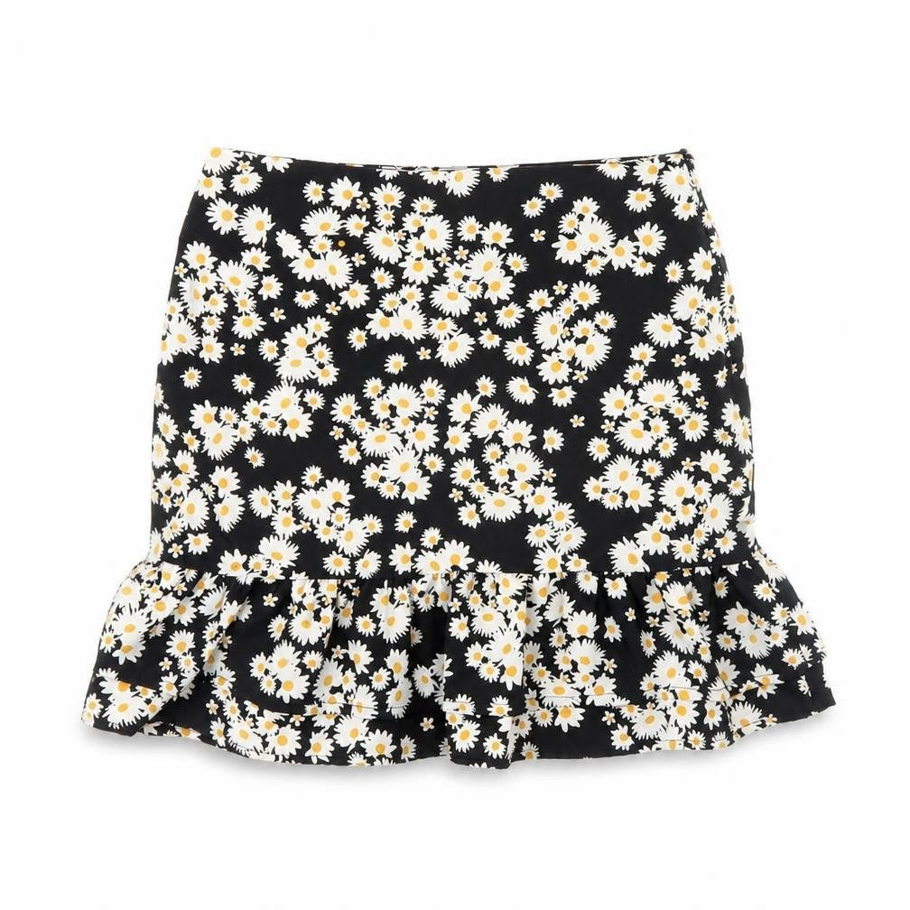 Front view of Mini velvet women’s black floral mini skirt, size UK 6