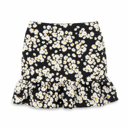 Front view of Mini velvet women’s black floral mini skirt, size UK 6