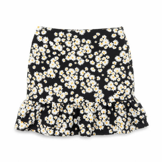 Front view of Mini velvet women’s black floral mini skirt, size UK 6