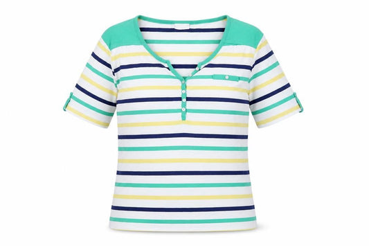Front view of Damart women’s white striped basic blouse, size UK 10