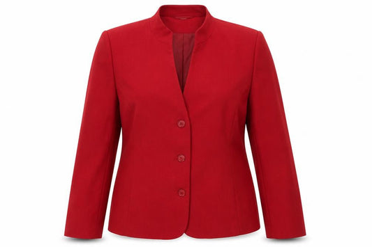 Front view of EWM women’s red jacket blazer, size UK 14