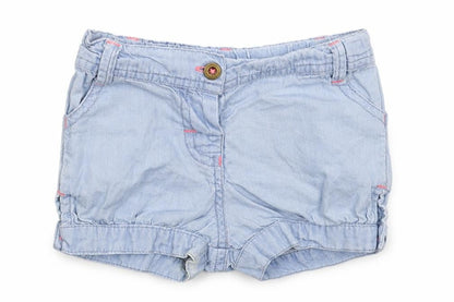 Front view of Young Dimension girls’ blue denim cropped jeans, size 9-12, months - shorts