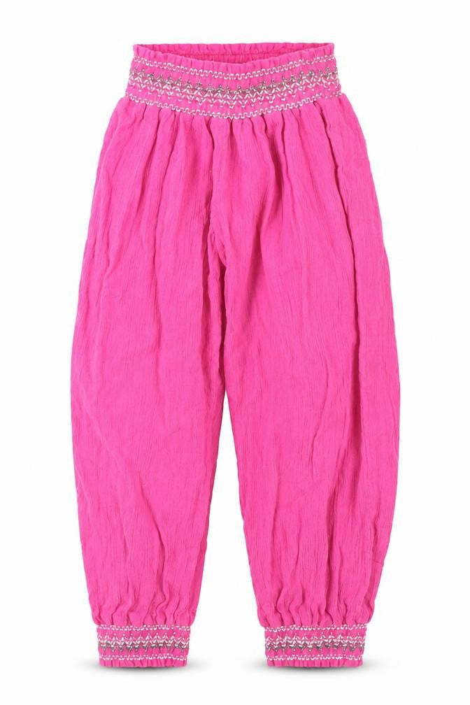 Front view of Indigo girls’ pink jogger trousers, size 2-3, years
