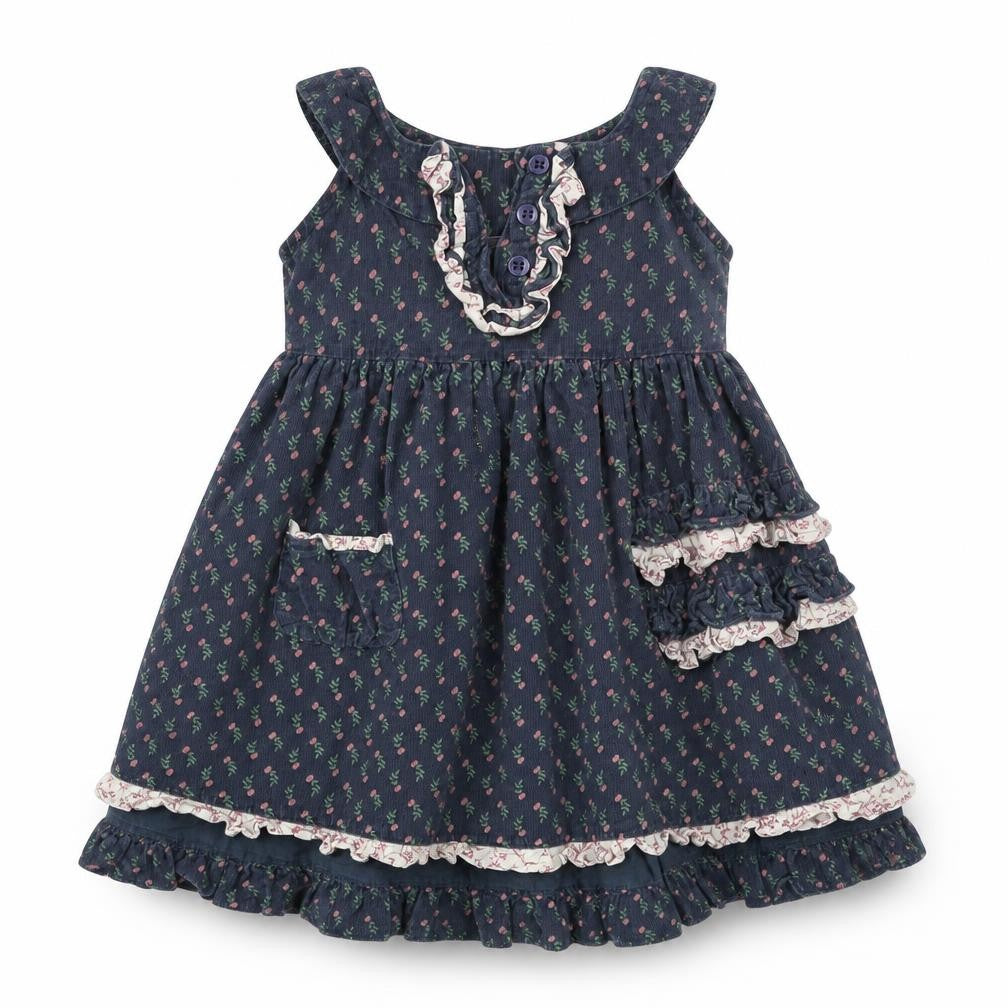 Front view of Feu Foney girls’ blue floral corduroy tank dress, size 2-3, years