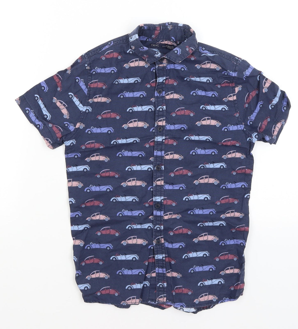 Additional front view of Next boys’ blue basic button-up, size 9, years - cars