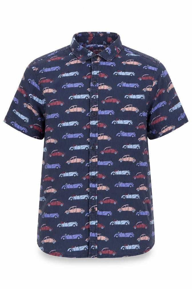 Front view of Next boys’ blue basic button-up, size 9, years - cars