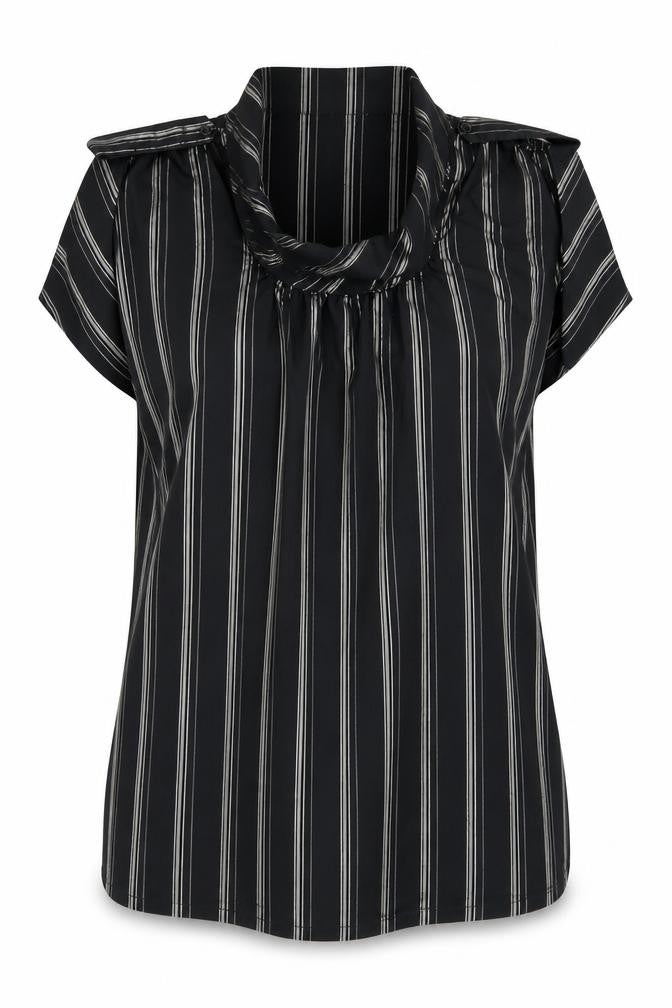 Front view of Kimono women’s black striped tunic t-shirt, size L