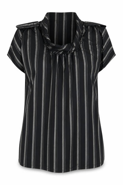 Front view of Kimono women’s black striped tunic t-shirt, size L
