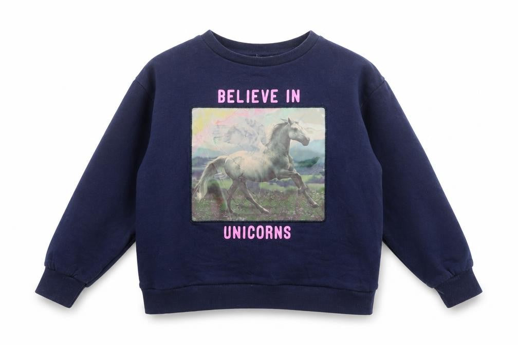 Front view of M&Co girls’ blue pullover sweatshirt, size 6-7, years - unicorn