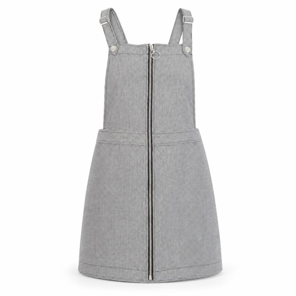 Front view of Divided by H&M women’s grey houndstooth pinafore/dungaree dress, size UK 6