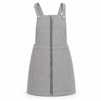 Front view of Divided by H&M women’s grey houndstooth pinafore/dungaree dress, size UK 6