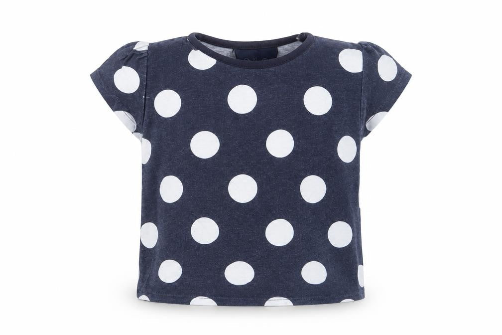 Front view of Young Dimension girls’ blue polka dot basic t-shirt, size 12-18, months