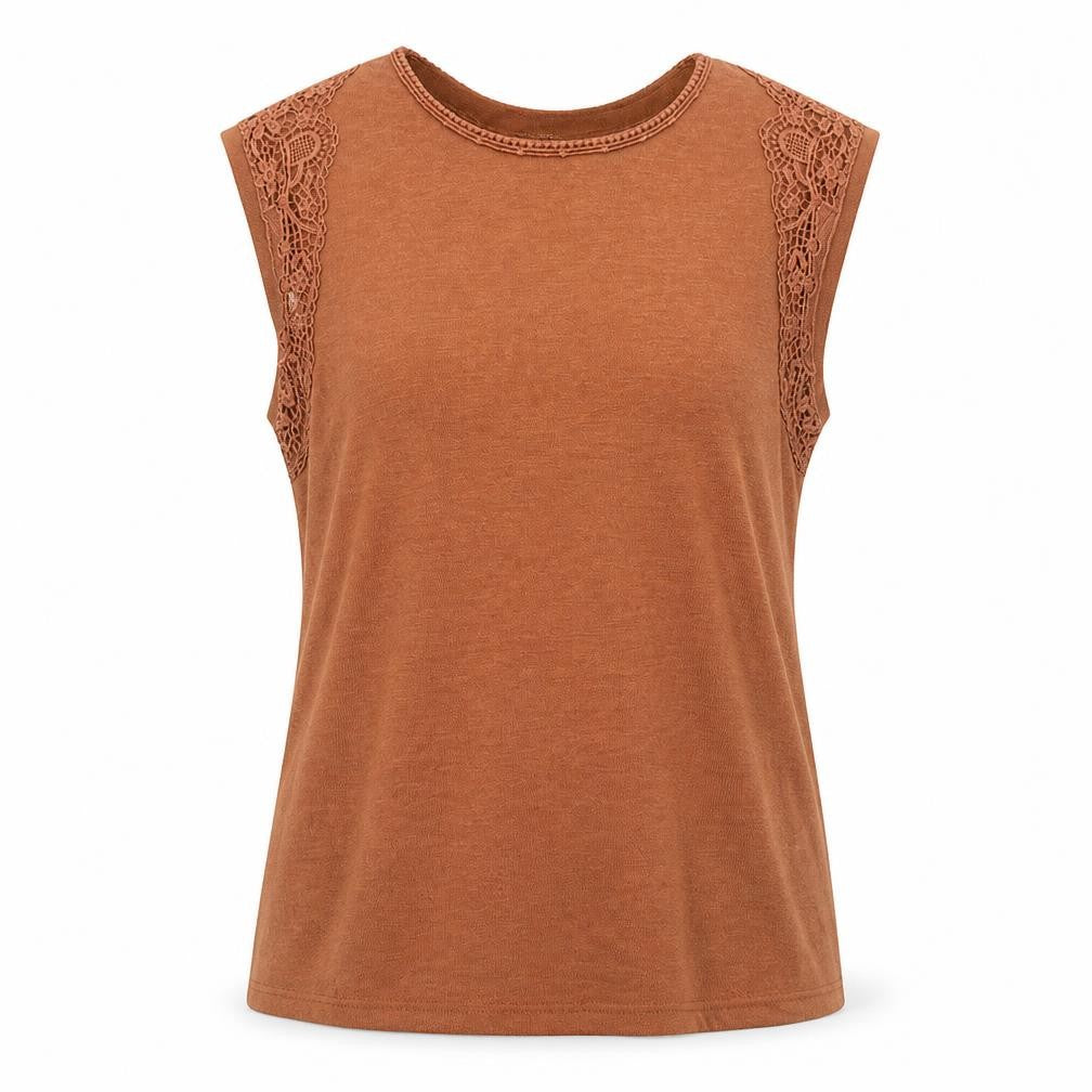 Front view of Dorothy Perkins women’s brown knit jumper, size UK 12, - crochet detail
