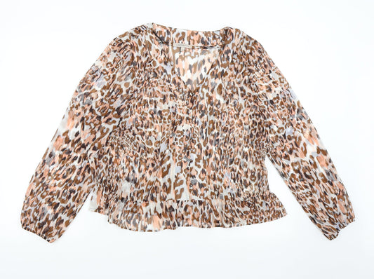 M&S Womens Brown Animal Print Chiffon Basic Blouse Size 12
