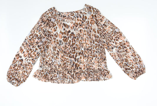 M&S Womens Brown Animal Print Chiffon Basic Blouse Size 12