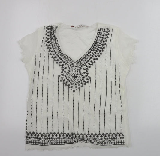 EWM Womens White Striped  Basic T-Shirt Size M