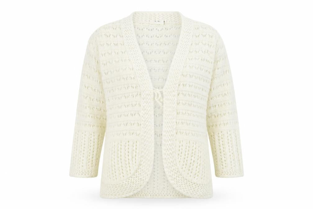 Front view of glimpse design women’s ivory cardigan jumper, size L