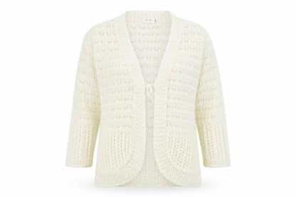 Front view of glimpse design women’s ivory cardigan jumper, size L
