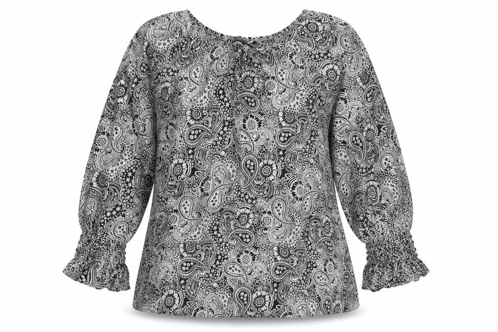 Front view of MANDI women’s white geometric basic blouse, size UK 10