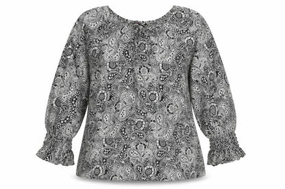 Front view of MANDI women’s white geometric basic blouse, size UK 10