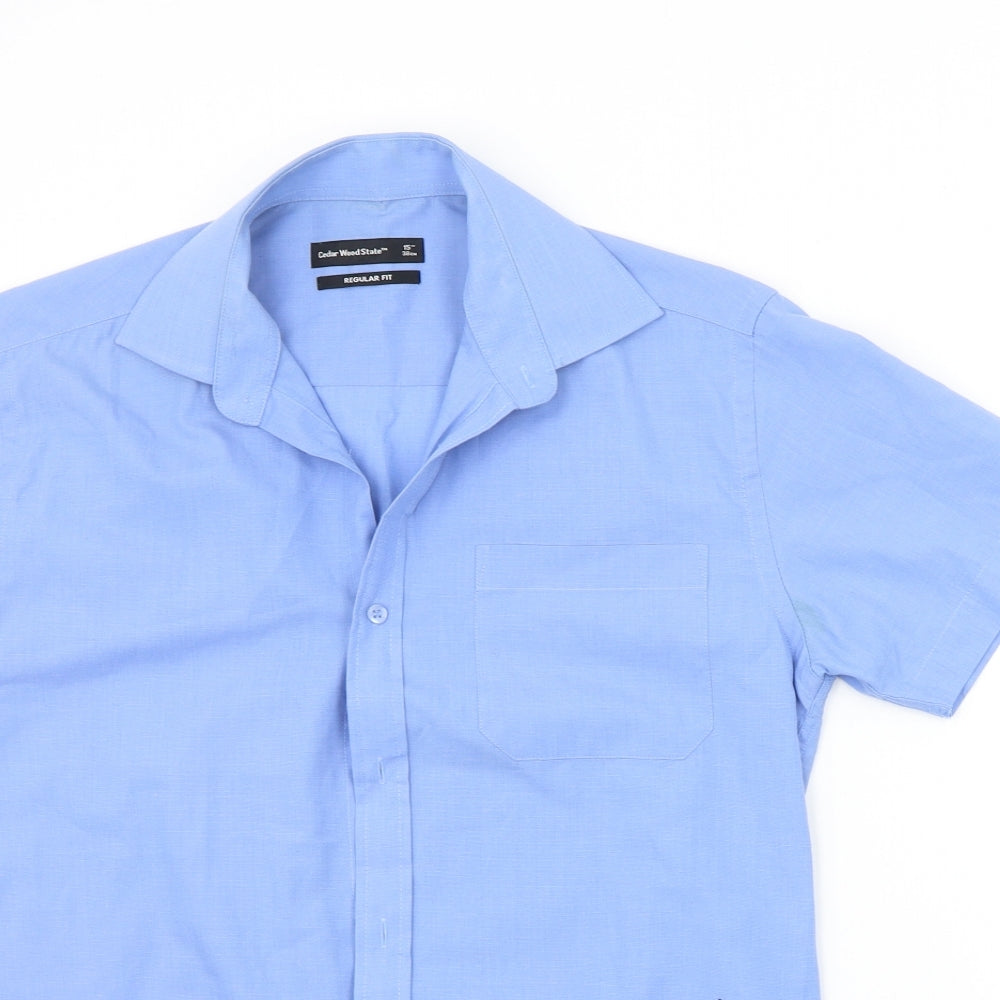 Mens UK Size 15 Cedar Wood State Blue  Button-Up Short Sleeve Casual Shirt