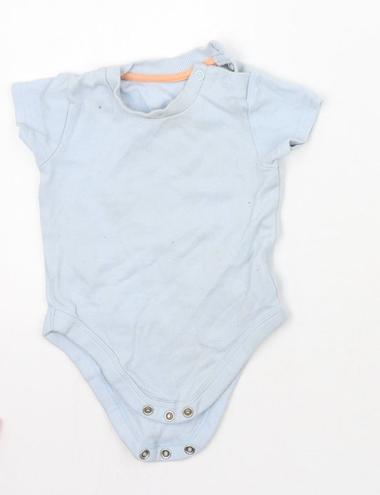 Front view of Nutmeg boys’ blue babygrow one-piece, size 3-6, months