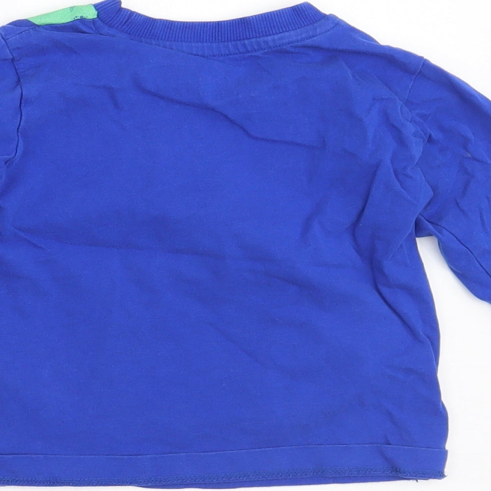 Brand and care label for Bluezoo boys’ blue basic t-shirt, size 12-18, months