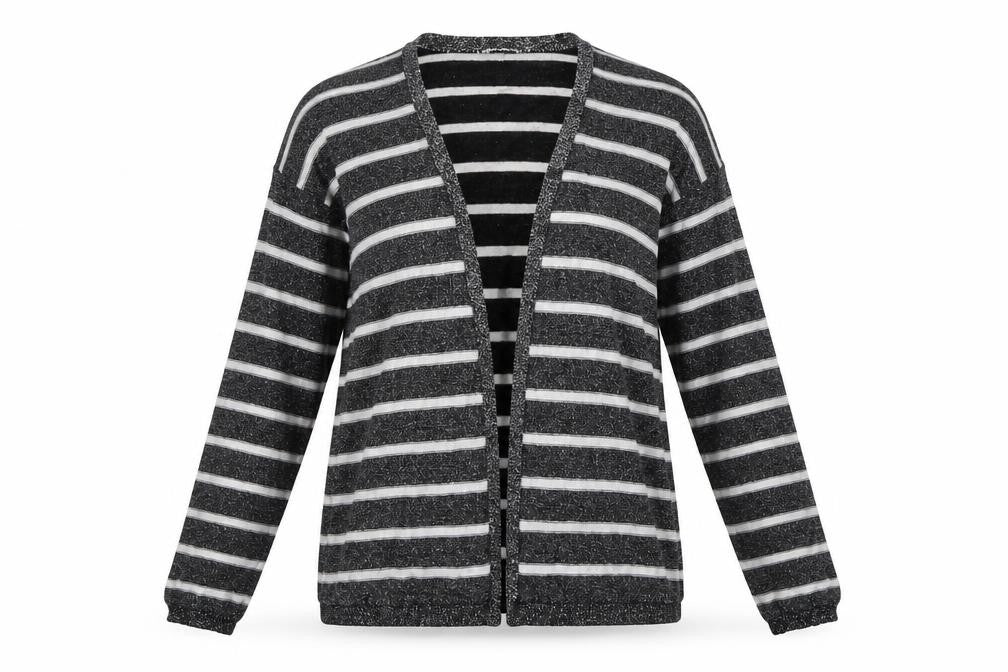 Front view of Koton women’s black striped cardigan jumper, size M