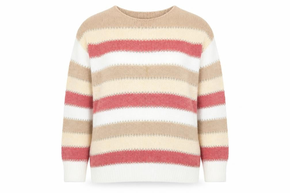 Front view of Peacocks women’s multicoloured striped pullover sweatshirt, size L