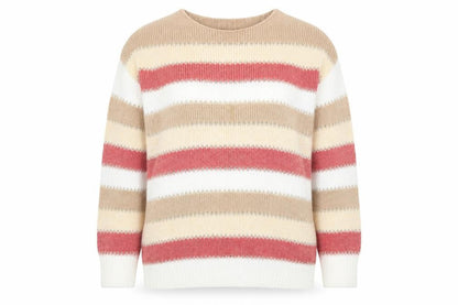 Front view of Peacocks women’s multicoloured striped pullover sweatshirt, size L