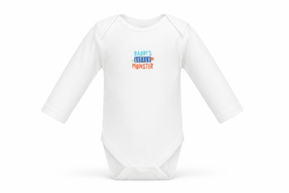 Front view of Primark Baby White Babygrow One-Piece, size 3-6, Months - DADDY'S LITTLE MONSTER