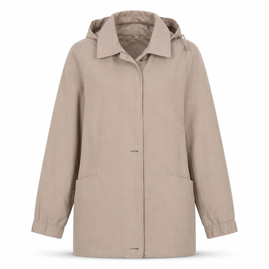 Front view of Jbc women’s beige overcoat coat, size UK 12