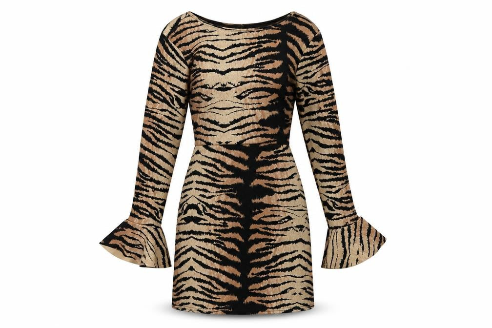 Front view of In the Style women’s brown animal print pencil dress, size UK 10