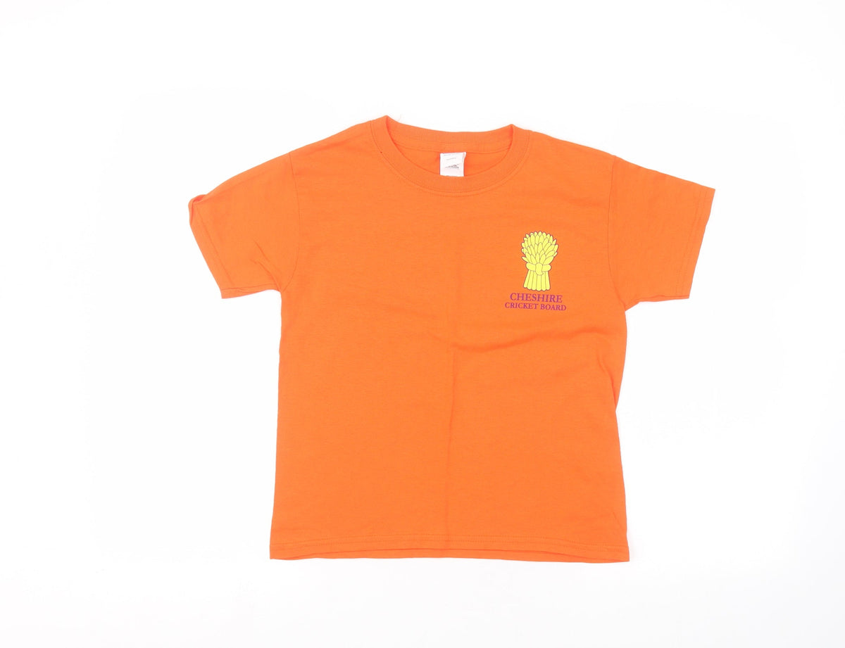 Additional front view of Gilden boys’ orange basic t-shirt, size XS