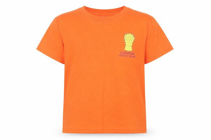 Front view of Gilden boys’ orange basic t-shirt, size XS