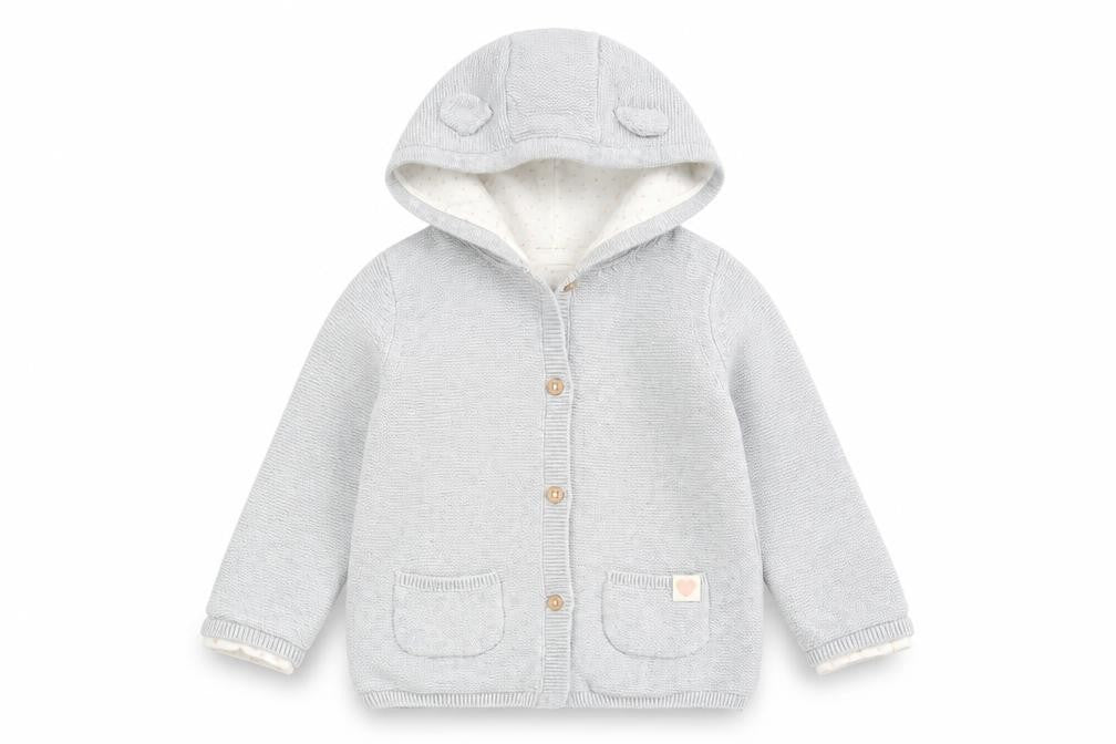 Front view of PURE Collection Baby Grey Cardigan Jumper, size 18-24, Months